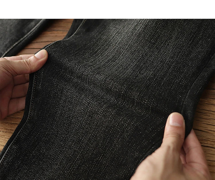 Herfst Nieuwe Amerikaanse Retro Zware Zwarte Denim Stretch Jeans Heren Eenvoudige Gewassen Oude Casual Rechte Slanke Potloodbroek