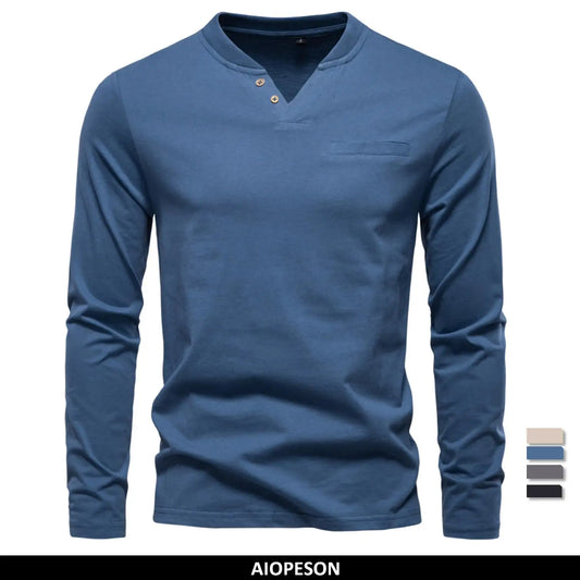 Men's High Quality Long Sleeve T-Shirt Fashion Pure Cotton Henley Collar Long Male T-Shirt