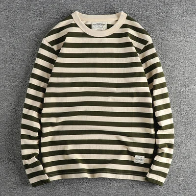 Autumn New American Retro 230g Heavyweight O-neck Striped T-shirt Men's Fashion 100% Cotton Washed Casual Loose Tough GuyTops