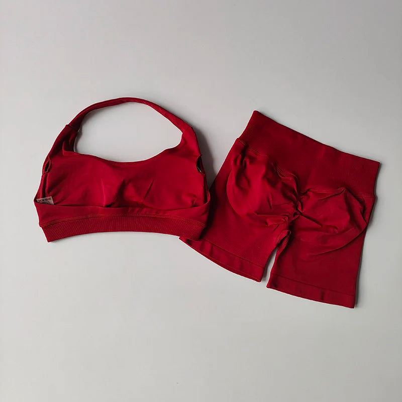 2-delige yogapak voor vrouwen Naadloze fitnesskleding Halter sportbeha Bijpassende impact shorts Trainingssets Gymset Outfit