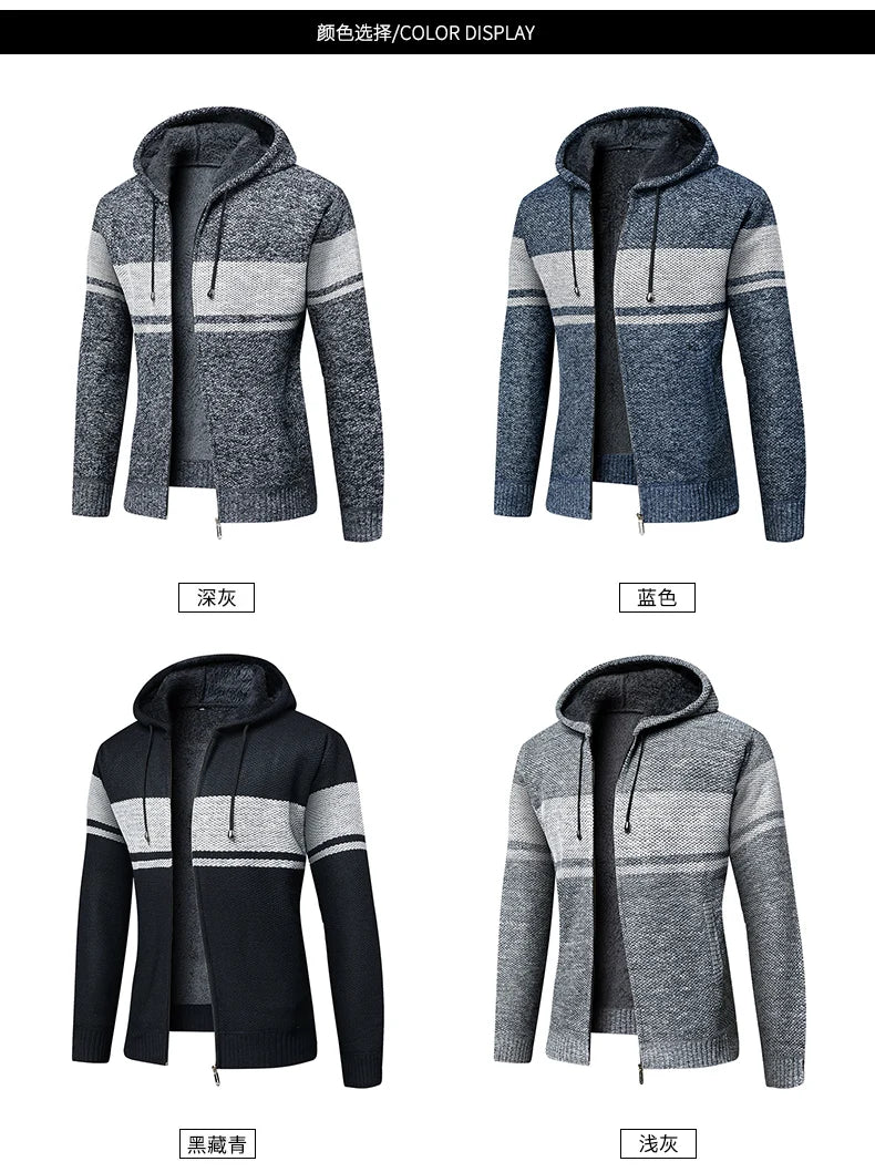 Men's High Quality Thick Plus Velvet New Brand Casual Fashion Hooded Jacket, Zipper Warm Patchwork Windbreaker Male Coats