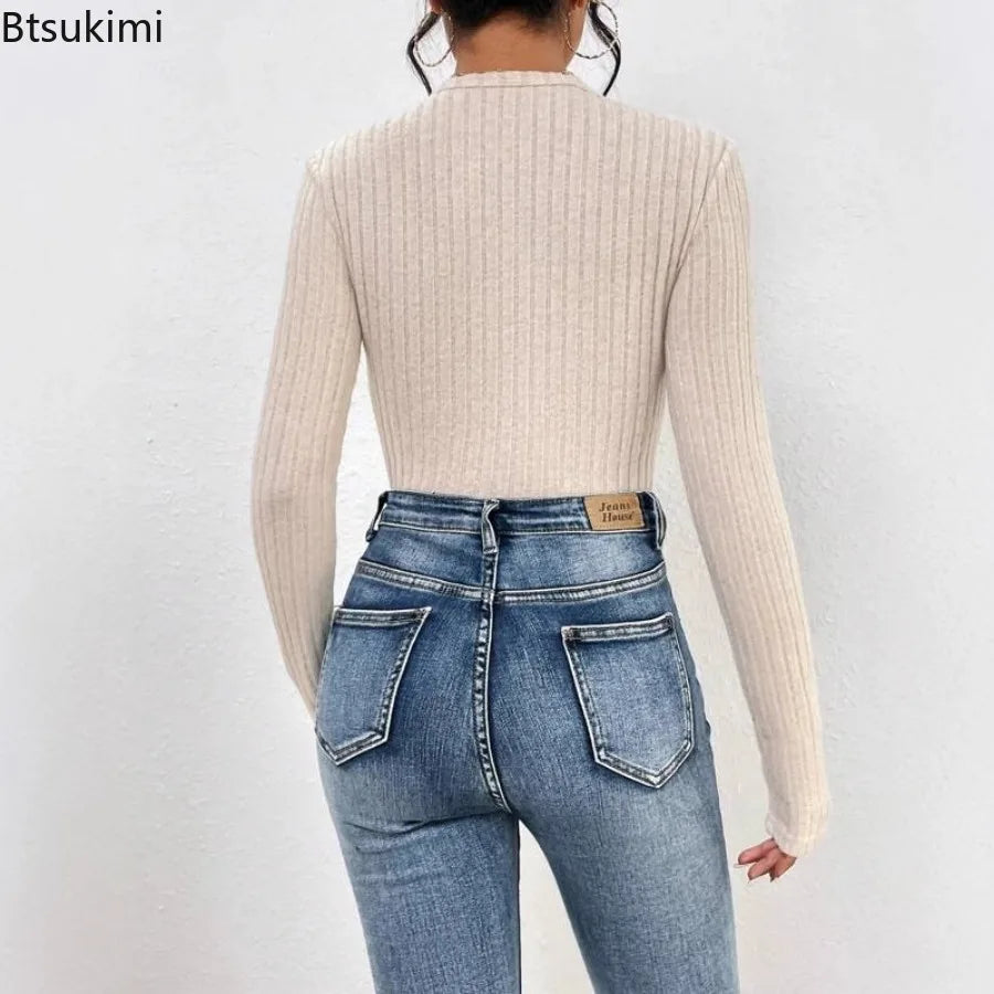 Long Sleeve Women's V-Neck Casual Beige Bodysuit Ribbed Knitted Skinny Body Suit Top for Women 2025 New Spring Autumn Outfits