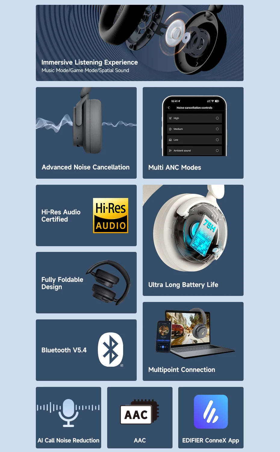 Edifier H9 Active Noise Cancelling Wireless Headphones Bluetooth 5.4 Headset Hi-Res Audio 75H Battery Life Foldable Design