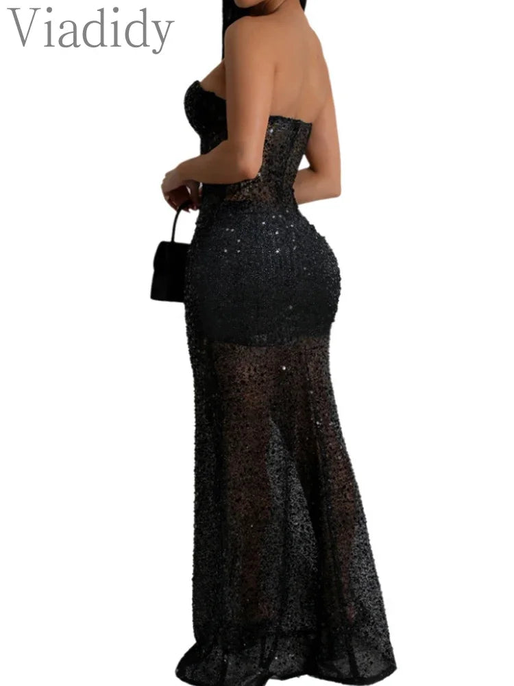 Sexy Strapless Sequin Party Dresses Long Cocktail Formal Prom Dress