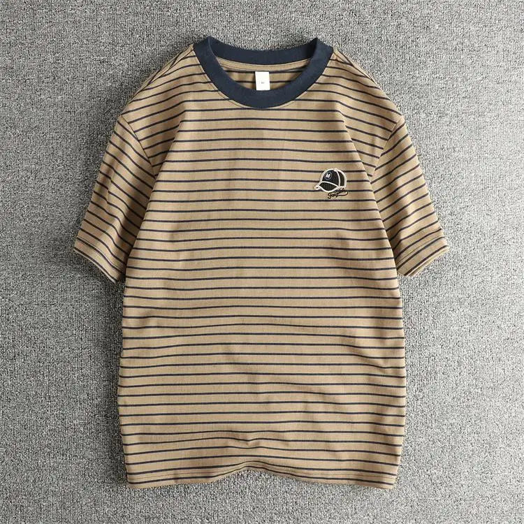 2025 Zomer Nieuwe Amerikaanse Retro 230g Korte Mouw O-hals Pet Borduurwerk Gestreept T-shirt Heren Eenvoudig Gewassen Oude Casual Losse Tops