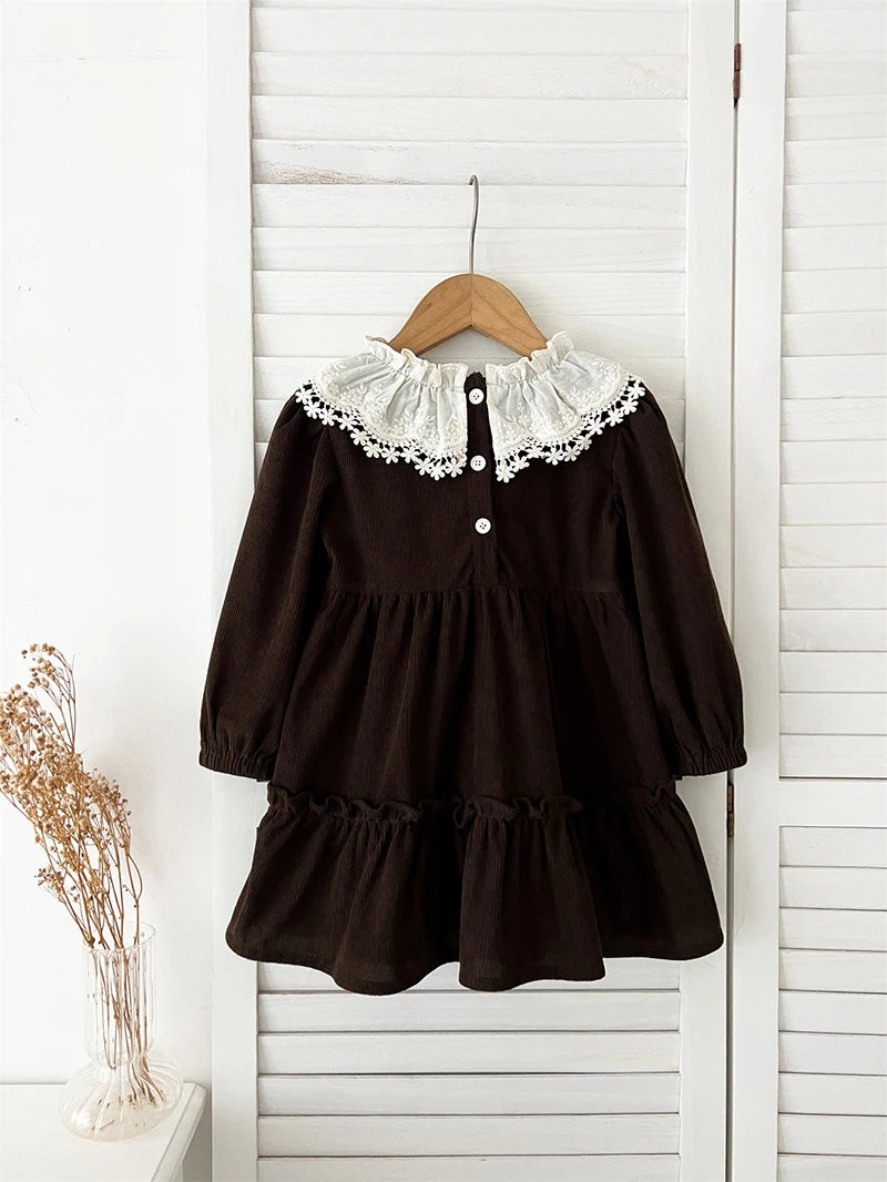 Spring Autumn Girls' Dress Corduroy Long Sleeve Lace Ruffled Collar Dress for Kid's Children's Clothing 2-6Y Girls