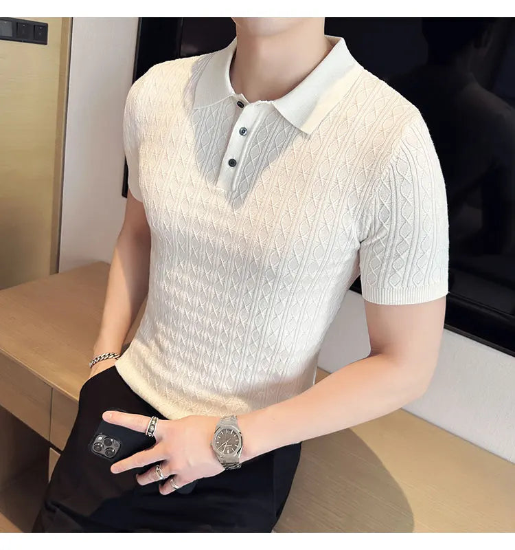 Men's Slim-Fit Jacquard Knitted Short-Sleeved Polo Shirt for Male Fashion Lapel Golf Shirt