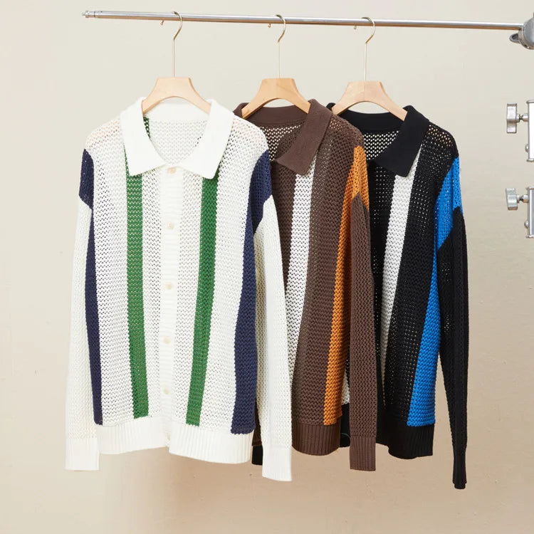 Men's Autumn/Winter Colour-Block Striped Polo Collar Knitted  High Quality Hollow Out Cardigan With 60% Cotton