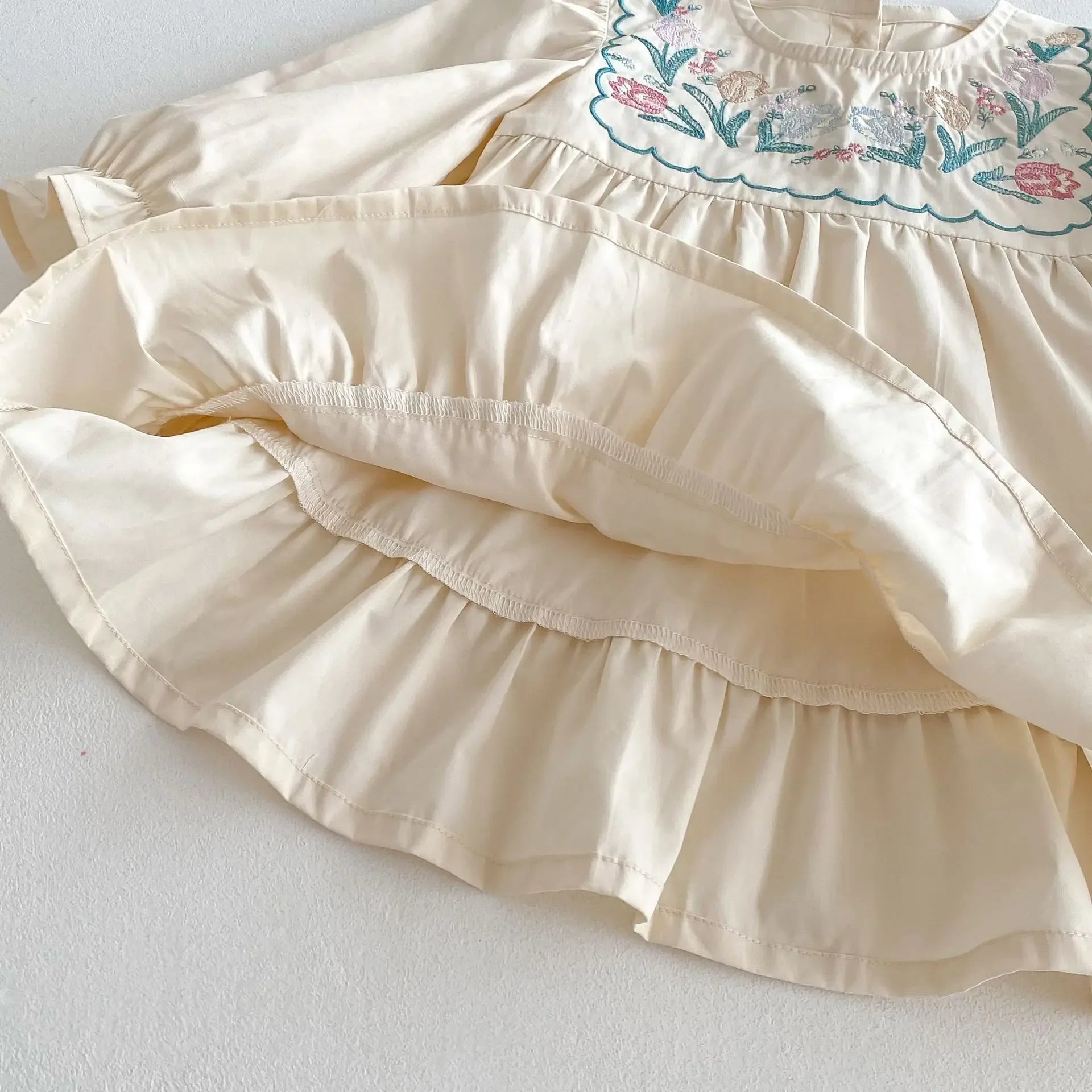 2025 Spring Children's Clothing Girls Casual Dress Puff Sleeved Embroidered Kid's O-neck Princess Dress 1-6Y Girls