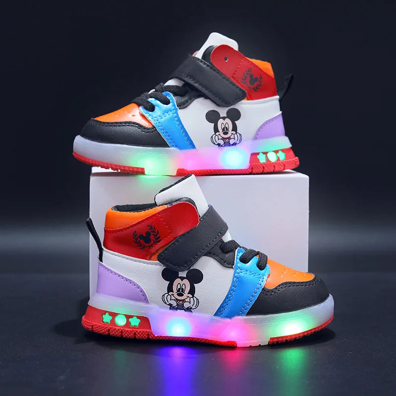 Disney Girls' Casual Sneakers PU Leather Mickey Mouse LED Light-Up Children's Sneakers - 1-6 Years Old Sports Casual Footwears