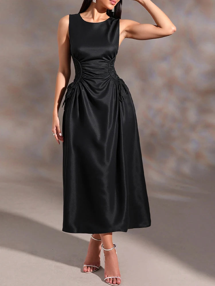 Dresses Spring Summer Fashion Elegant Solid Colour Sleeveless Round-Neck Midi Party Shift Dresses For Women
