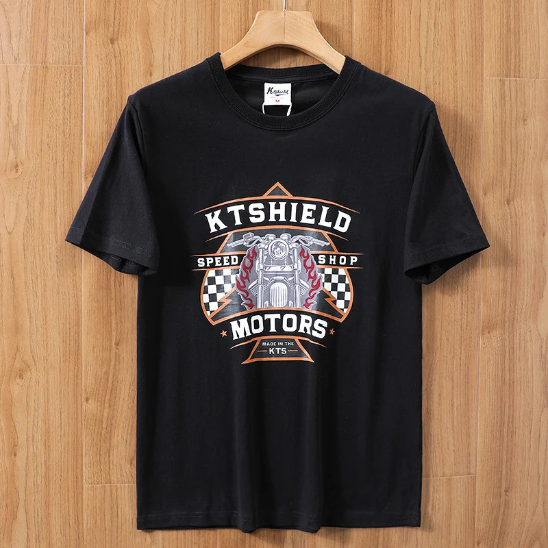 2025 Summer New American Retro 250g Short Sleeve O-neck Printed T-shirt Men's Fashion 100% Cotton Washed Casual Loose Tops