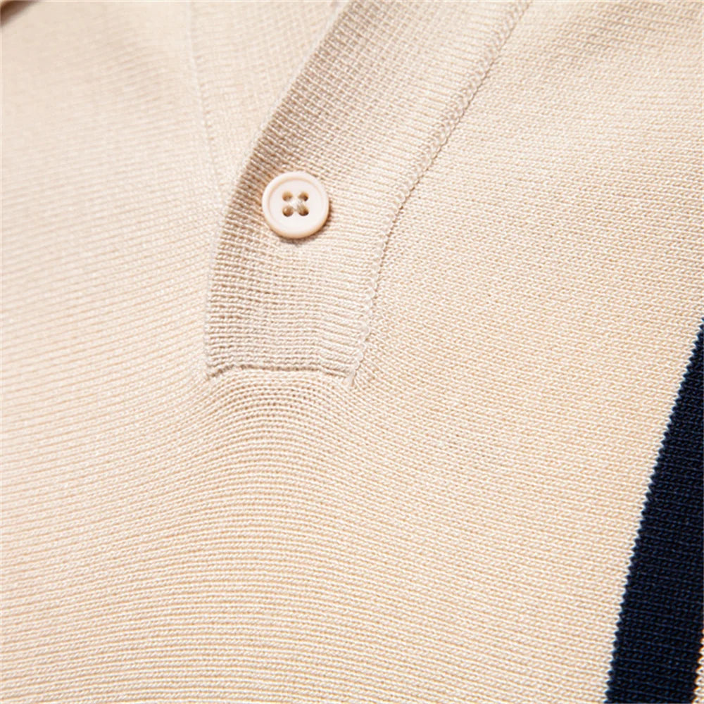 2025 Men's Breathable Striped Contrast Panel Polo Shirt - Lightweight Summer Casual Knit Top with Mesh Inserts
