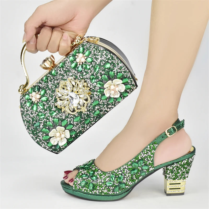 Italian Women Wedding Shoes and Bag Set Decorated with Rhinestone Africa Shoe and Bag Set Plus Size Heels 43 Wedding Shoes Bride