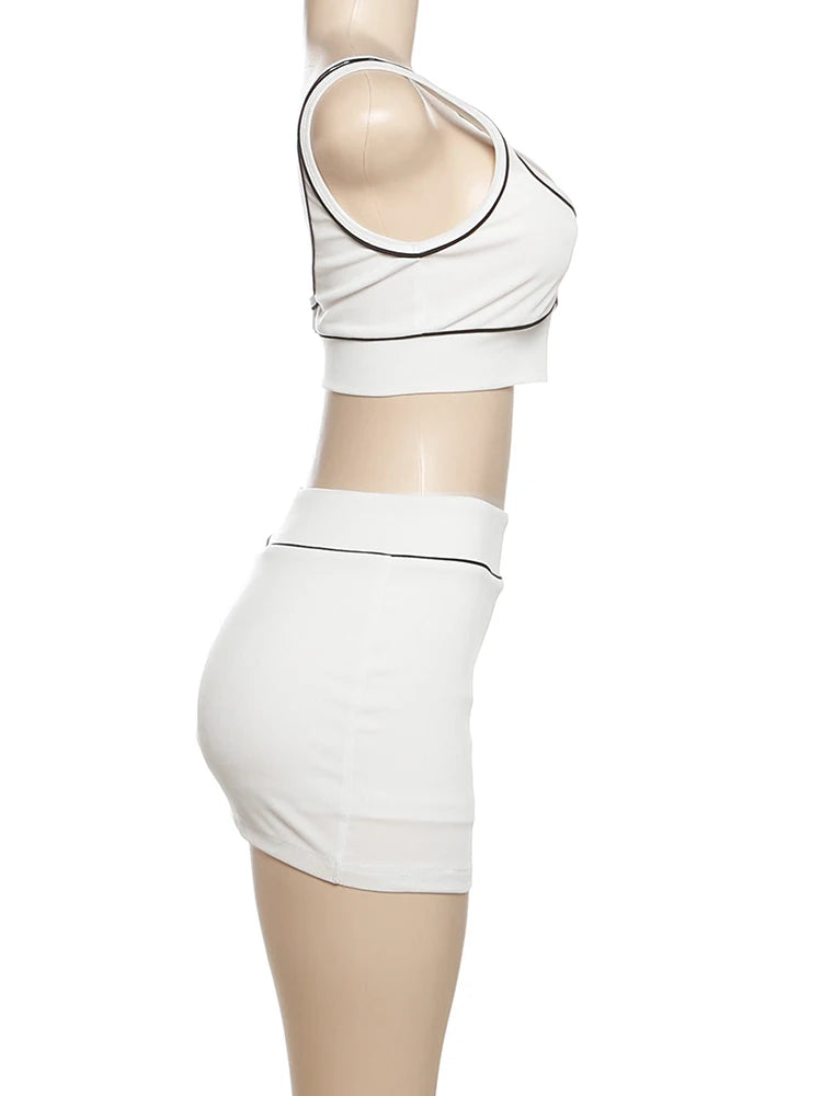 Casual Ribbed 2 Piece Set Women Black String Patchwork Tank Tops + Side Split Shorts Skirts Fashion Simple Classic Suit