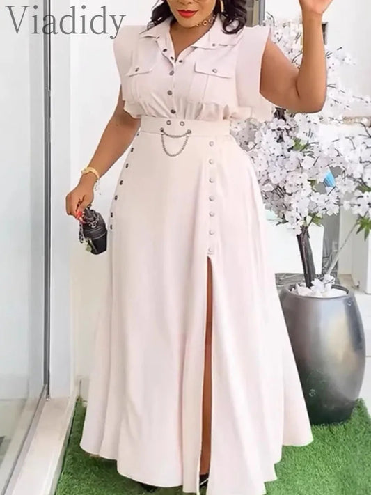 Women's Casual Solid Color Sleeveless Button Front Shirt Blouse and High Waist Big Swing Skirt 2pcs Set