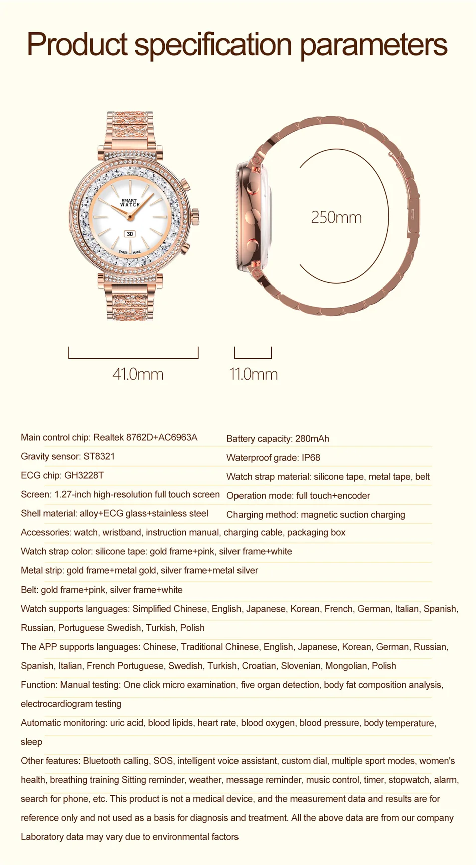 Women Diamond Smart Watch ECG Women Health tracking Watch Full Touch Screen BT Call Custom dial Smartwatch Compatible with Huawei & Xiaomi IOS
