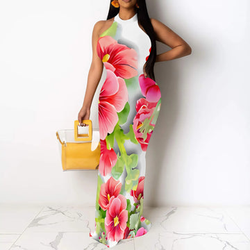 Summer Halter Neck Maxi Dress for Women Floral Print Bodycon Sleeveless Beach Party Outfit