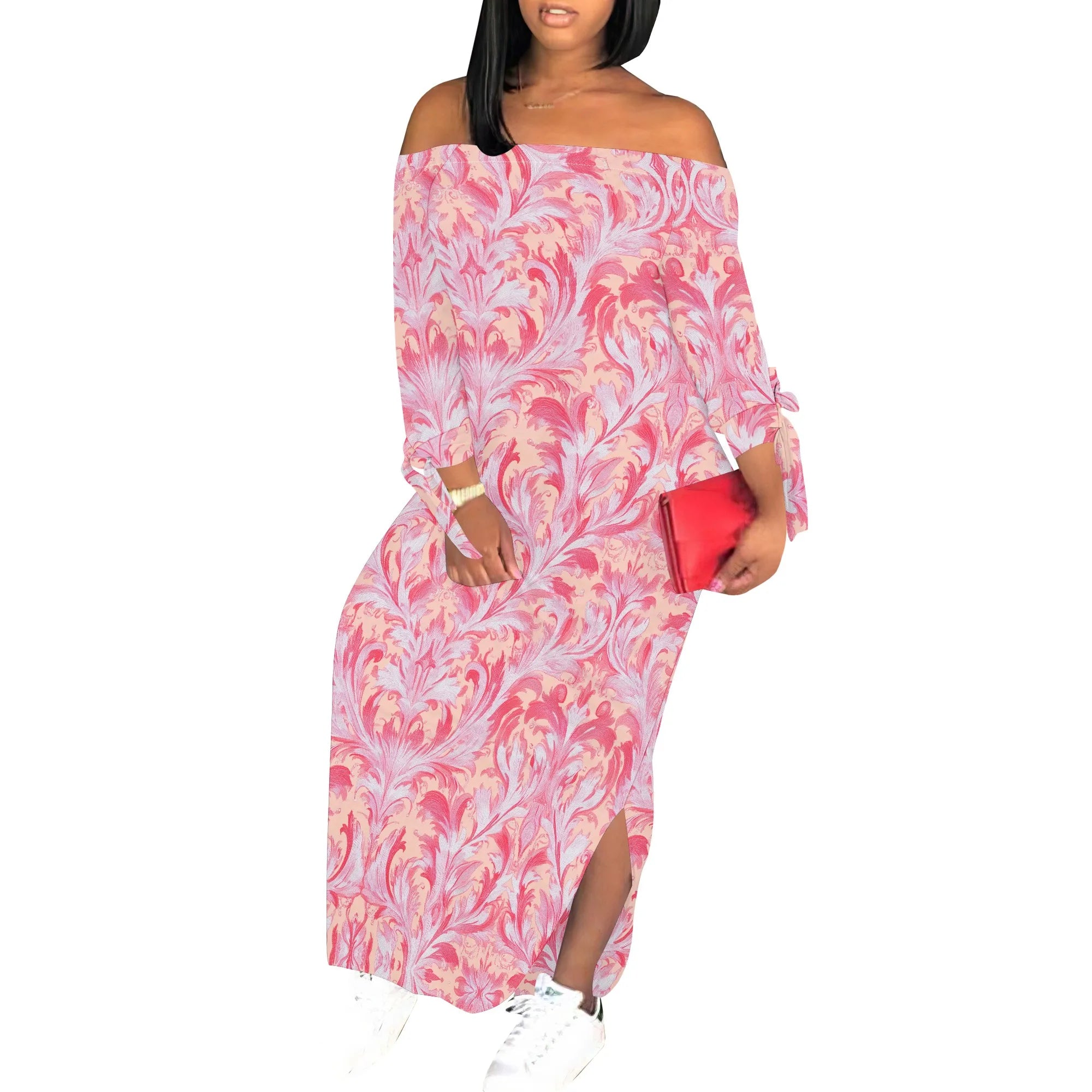 Casual Pink Butterfly Print Maxi Dress Off Shoulder Long Sleeve Bodycon Dress for Women Spring Vacation Style