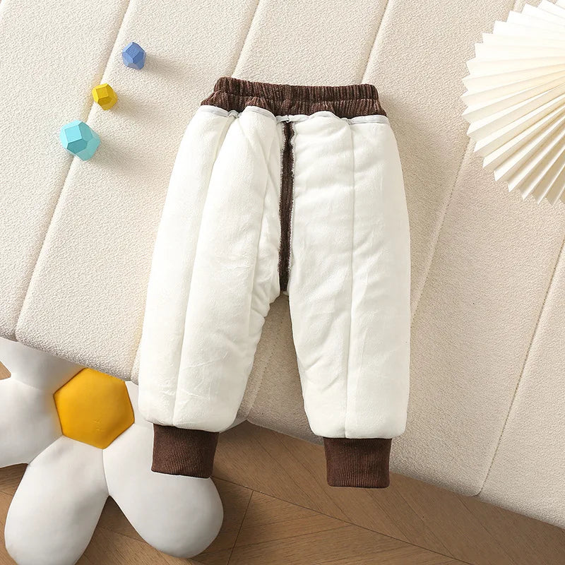 New Winter Kids Pants Children Solid Colour Pit Strip Trousers Boys Girls Fleece Padded Casual Pants 4-6Y Unisex