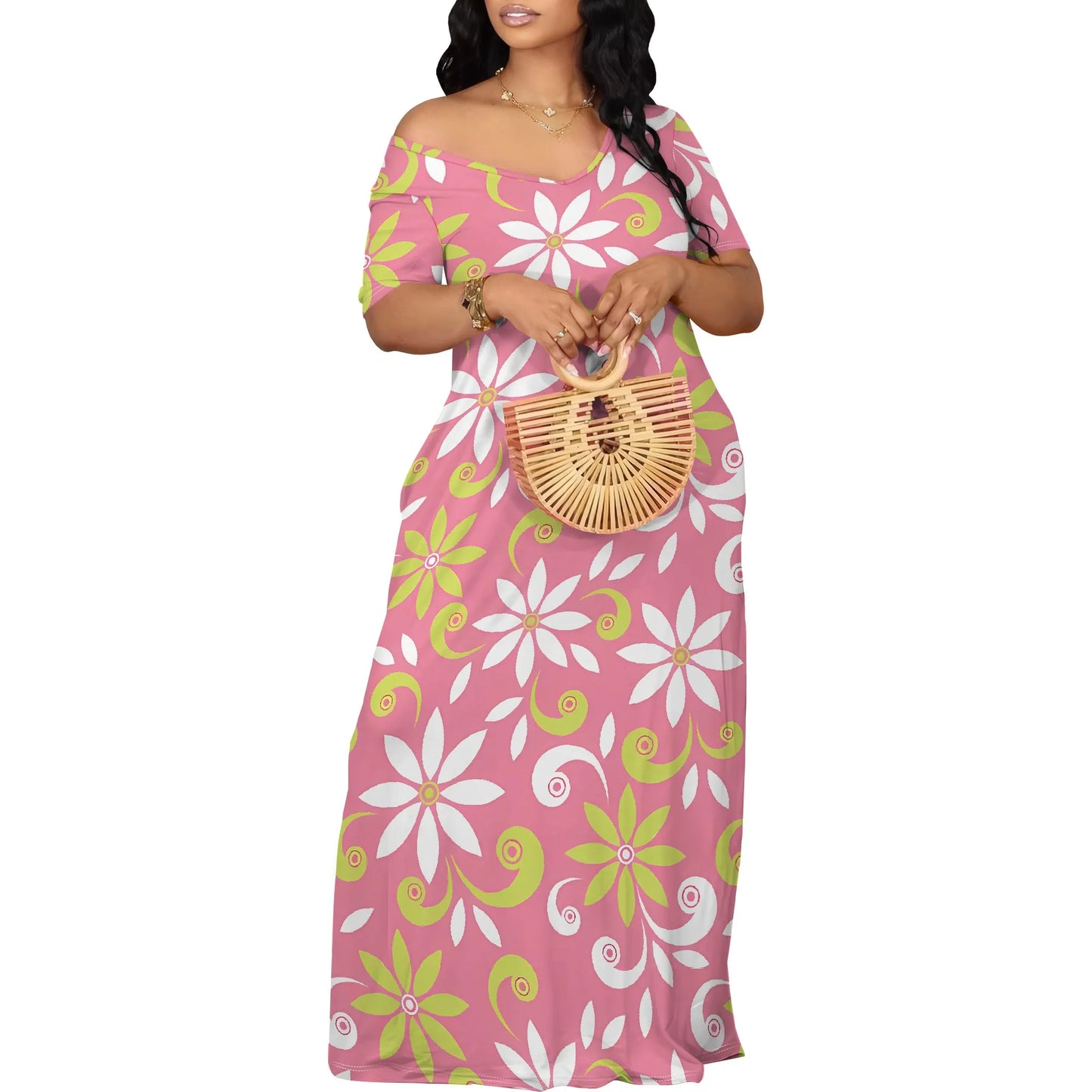 Summer Off Shoulder Maxi Dress Pink White Daisy Print Casual Beachwear