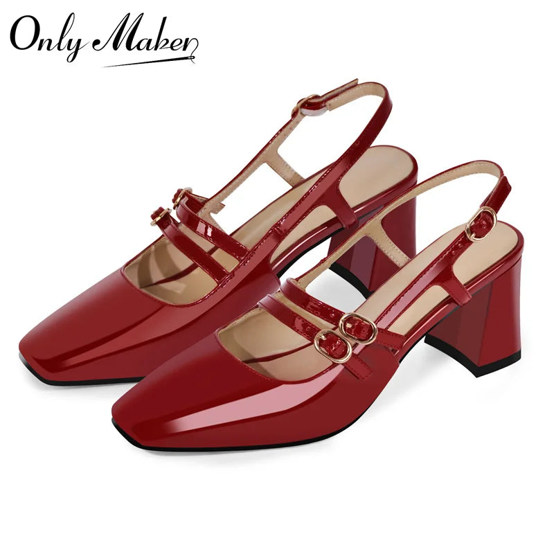 Women Square Toe Red Patent Leather Straps Chunky Heel Slingback Sandals Chunky Heel Sandals