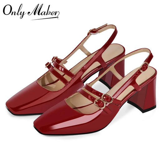 Women Square Toe Red Patent Leather Straps Chunky Heel Slingback Sandals Chunky Heel Sandals