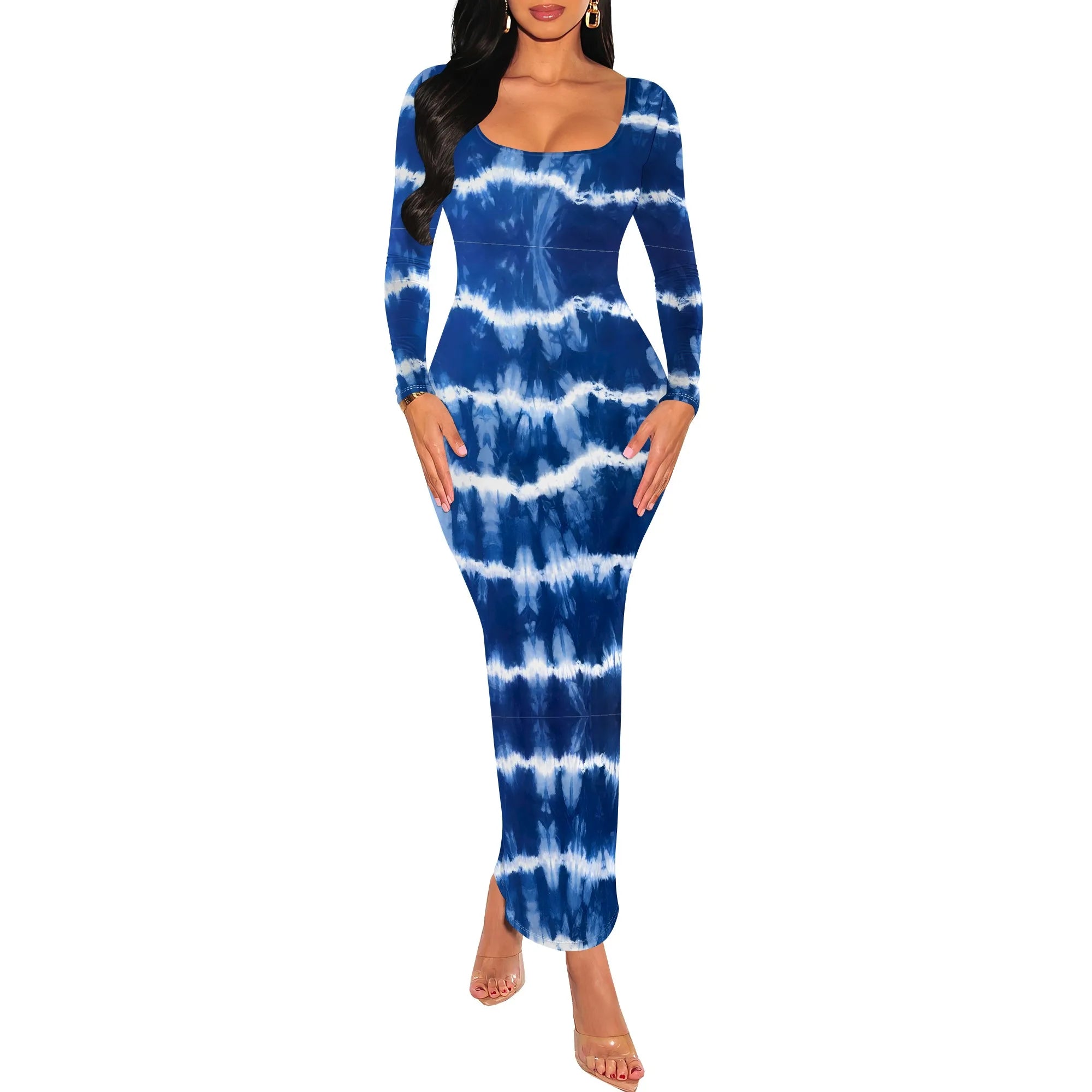 Women's Fall Trendy Dress Tie Dye Crew Neck Long Sleeve Bodycon Maxi Dress Casual Long Dresses