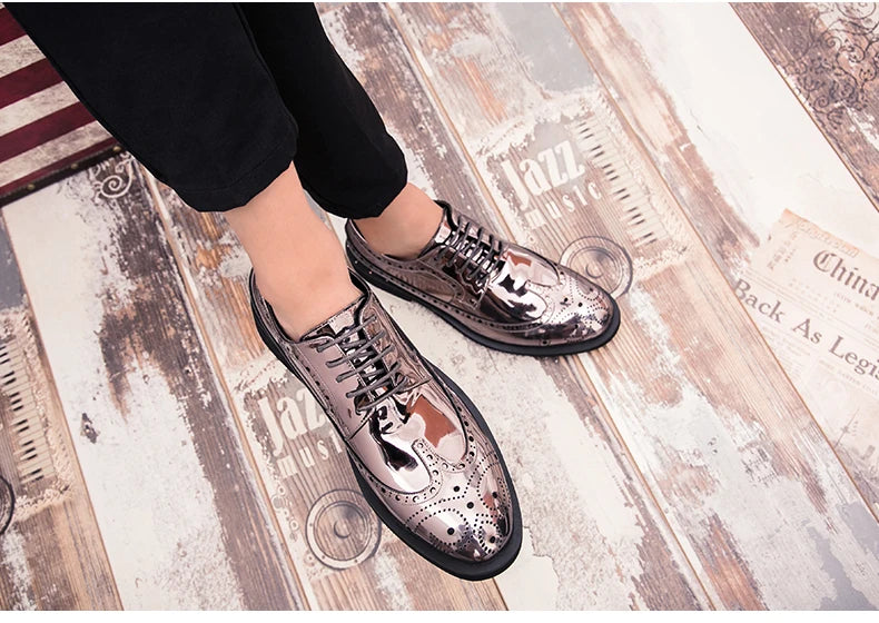 Fashionable Mens Silver Brogue Shoes New Cool Male Formal Evening Shoes Large Size 38-46 Wedding Dress Shoes for Men