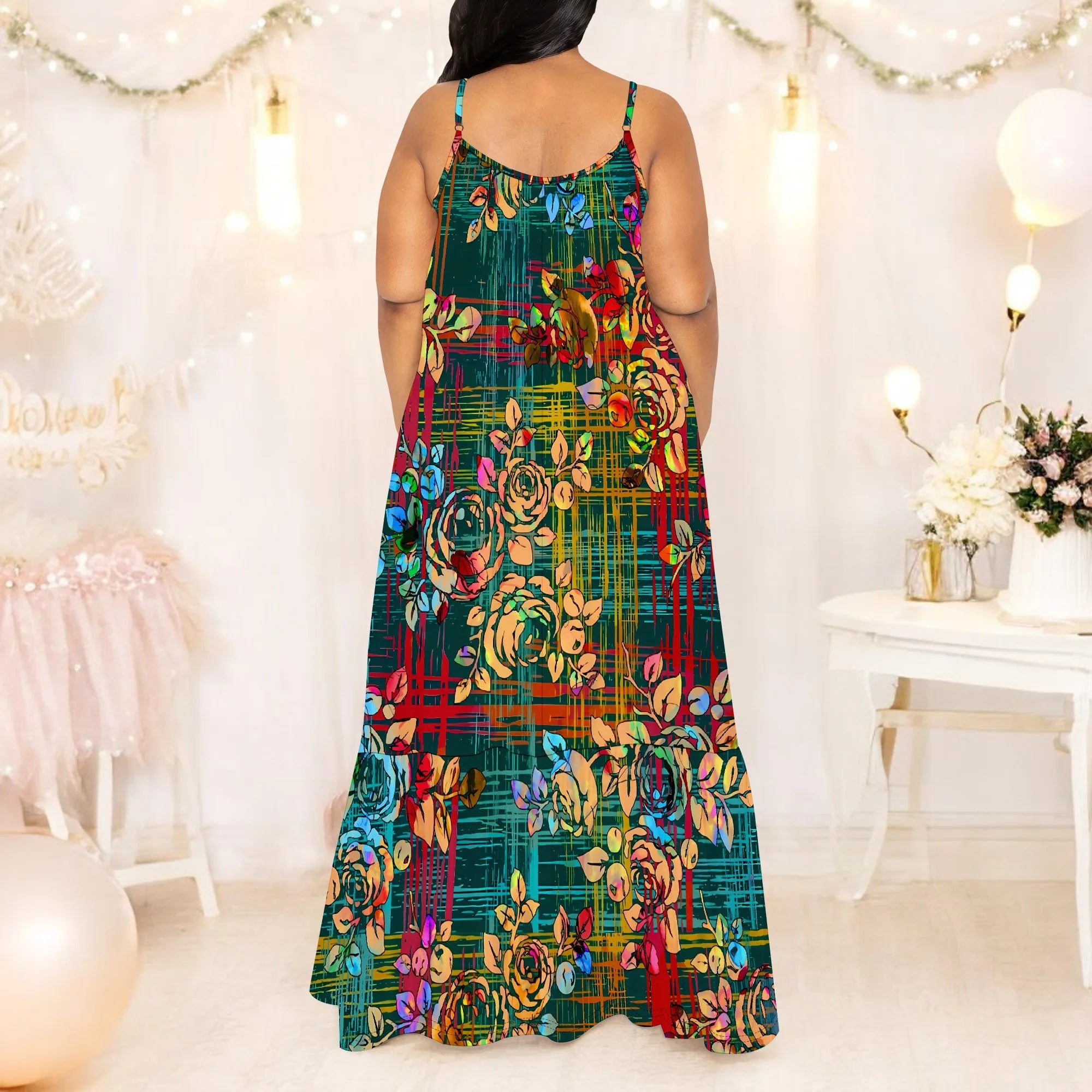 Colorful Plaid Floral Maxi Dress for Women Sleeveless Casual Spaghetti Strap Vacation Outfit