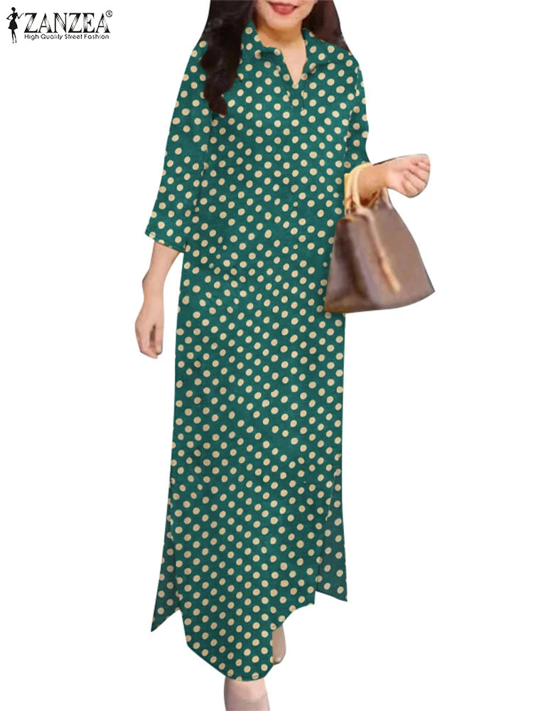 Polka Dot Vintage Shirtdress Women 2025 Autumn Loose Casual 3/4 Sleeve Turn-down Collar Vestidos Holiday Maxi Dress