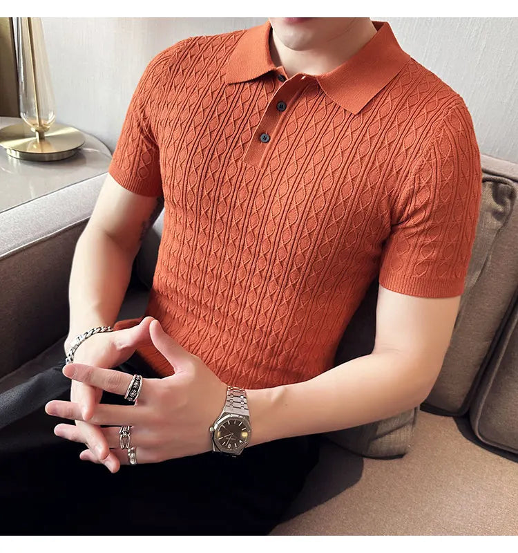Men's Slim-Fit Jacquard Knitted Short-Sleeved Polo Shirt for Male Fashion Lapel Golf Shirt