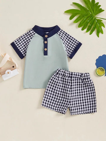 New Summer Kids Clothes Set Boys Girls Cute Patchwork Tops + Grid Short Children Casual Suit 2PCS 1-3Y Unisex
