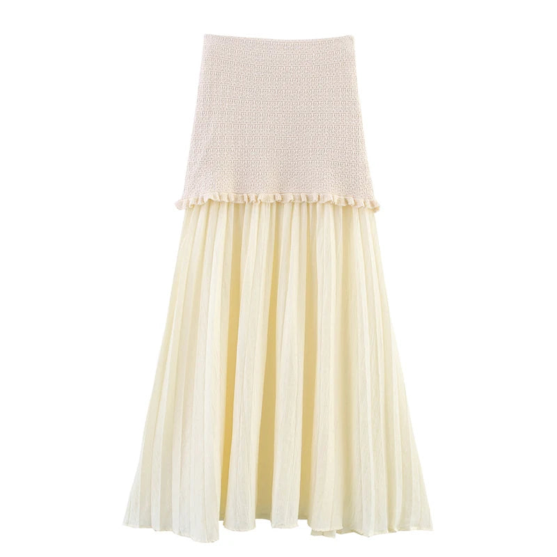 Elastic High Waist Patchwork Knit Skirt for Women Pleated Hem Elegant Long Ankle-Length Polyester Faldas Mujer