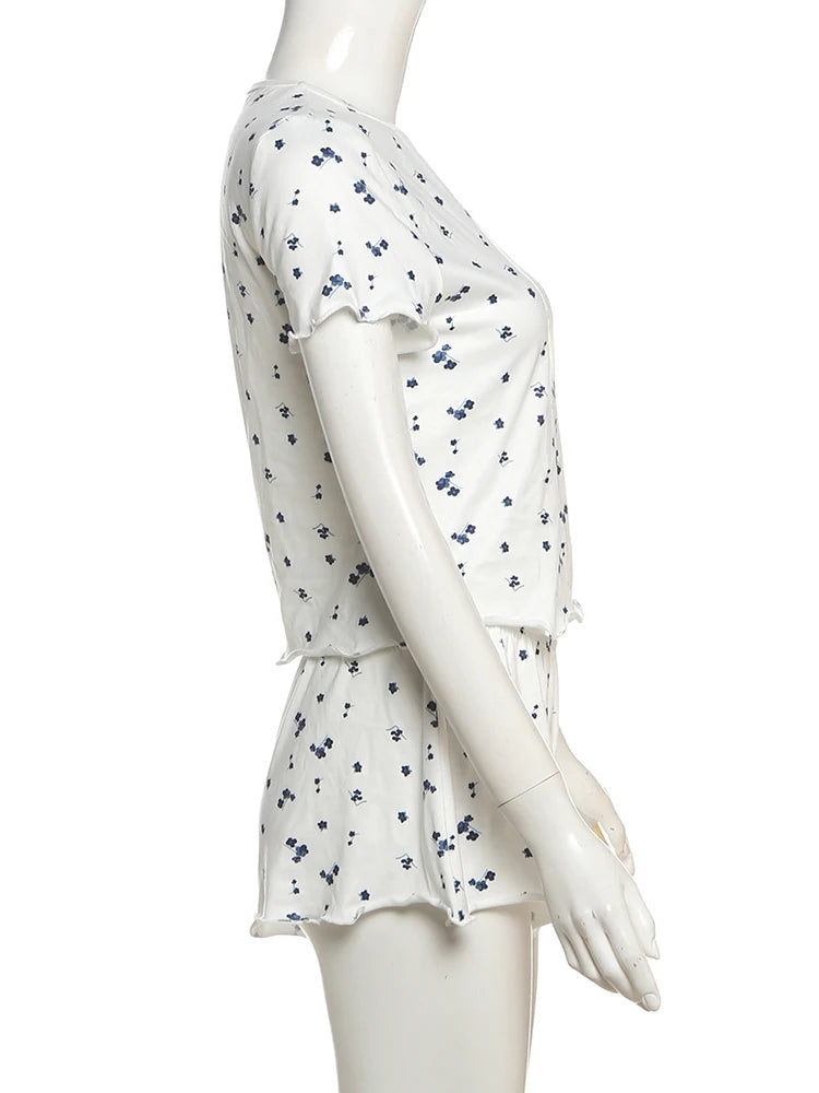 Floral Print 2 Piece Set Women o-Neck Short Sleeve T-Shirts+Folds Skinny Shorts Matching Casual Simple Ruffles Suits