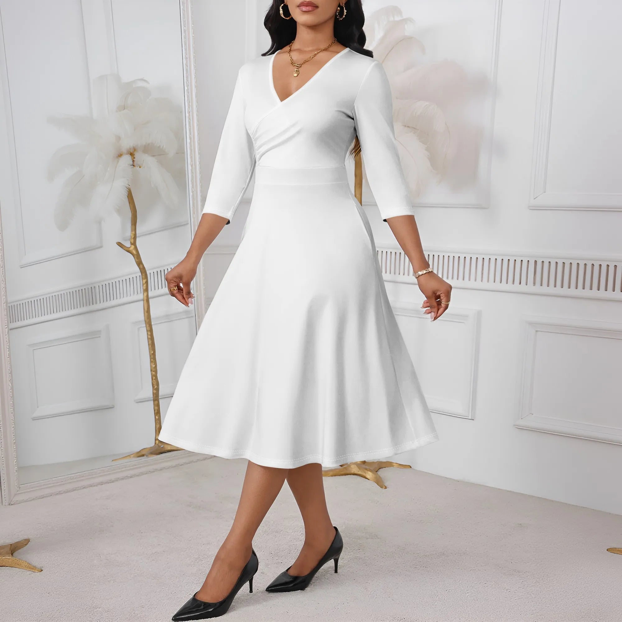 Ladies' casual flared midi dress, wedding guest cocktail tea party dress, A-line swing V-neck, three-quarter sleeves.