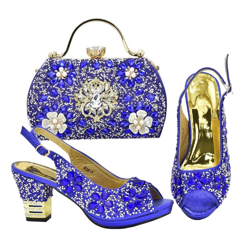 Italian Women Wedding Shoes and Bag Set Decorated with Rhinestone Africa Shoe and Bag Set Plus Size Heels 43 Wedding Shoes Bride