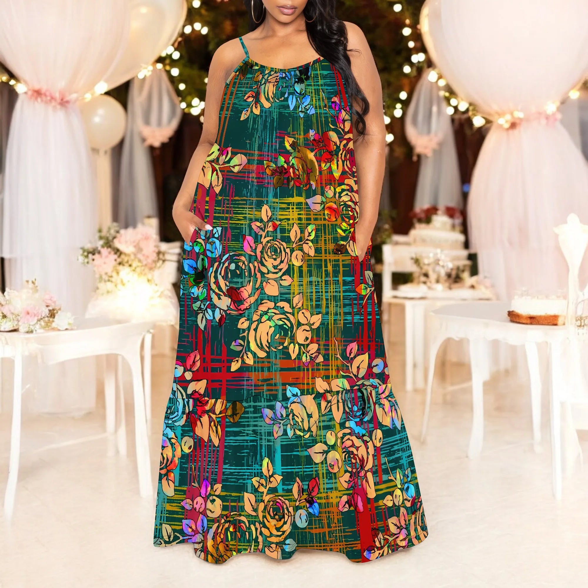 Colorful Plaid Floral Maxi Dress for Women Sleeveless Casual Spaghetti Strap Vacation Outfit