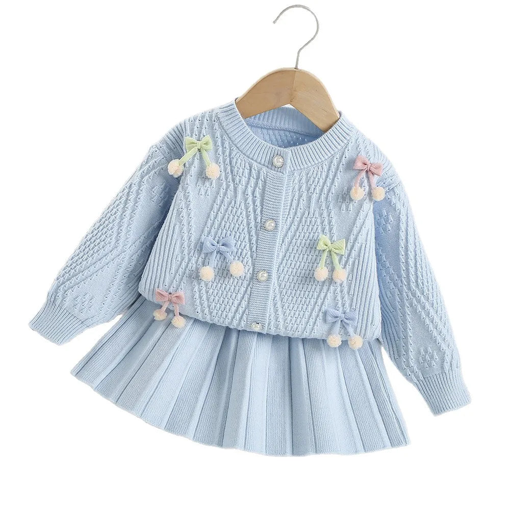Autumn Kids Clothes 2PCS Set Candy Colour Bow Girls Knitted Sweater + Short Skirt Korean Loose Children Outfit 9M-5T