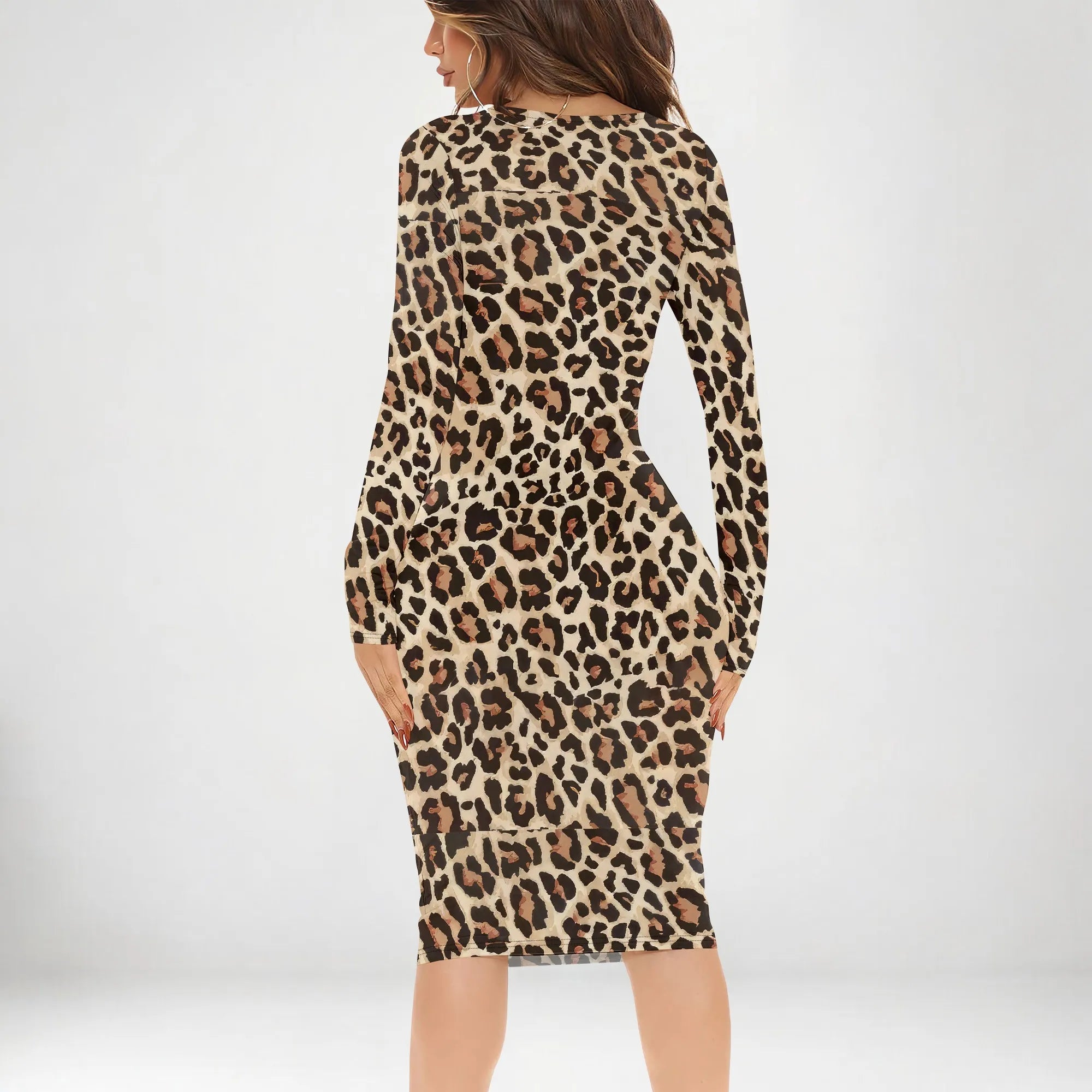 Leopard Print Long Sleeve Bodycon Dress for Women Sexy V-Neck Slim Fit Autumn Outfit