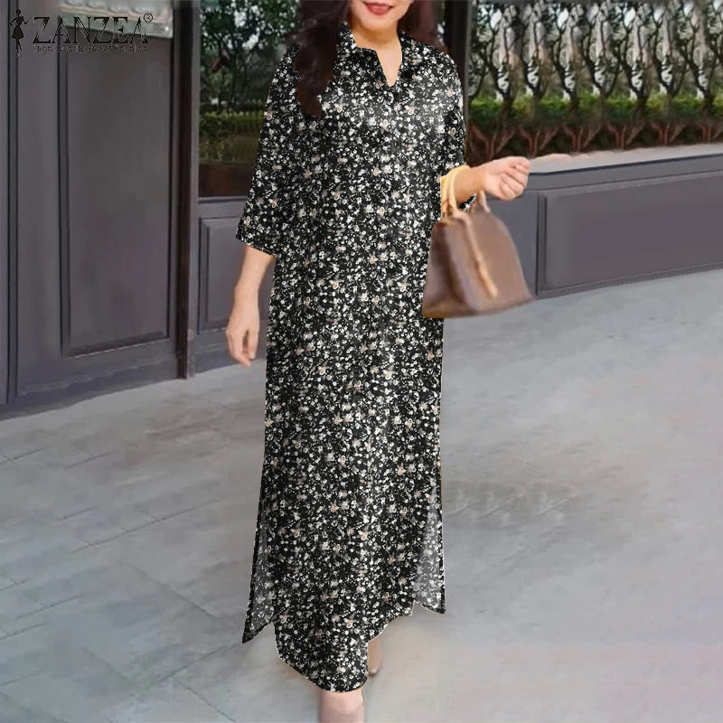 2025 Spring 3/4 Sleeve Maxi Dress Turn-down Collar Holiday Shirt Dress Loose Casual Floral Printed Women Vintage Vestidos