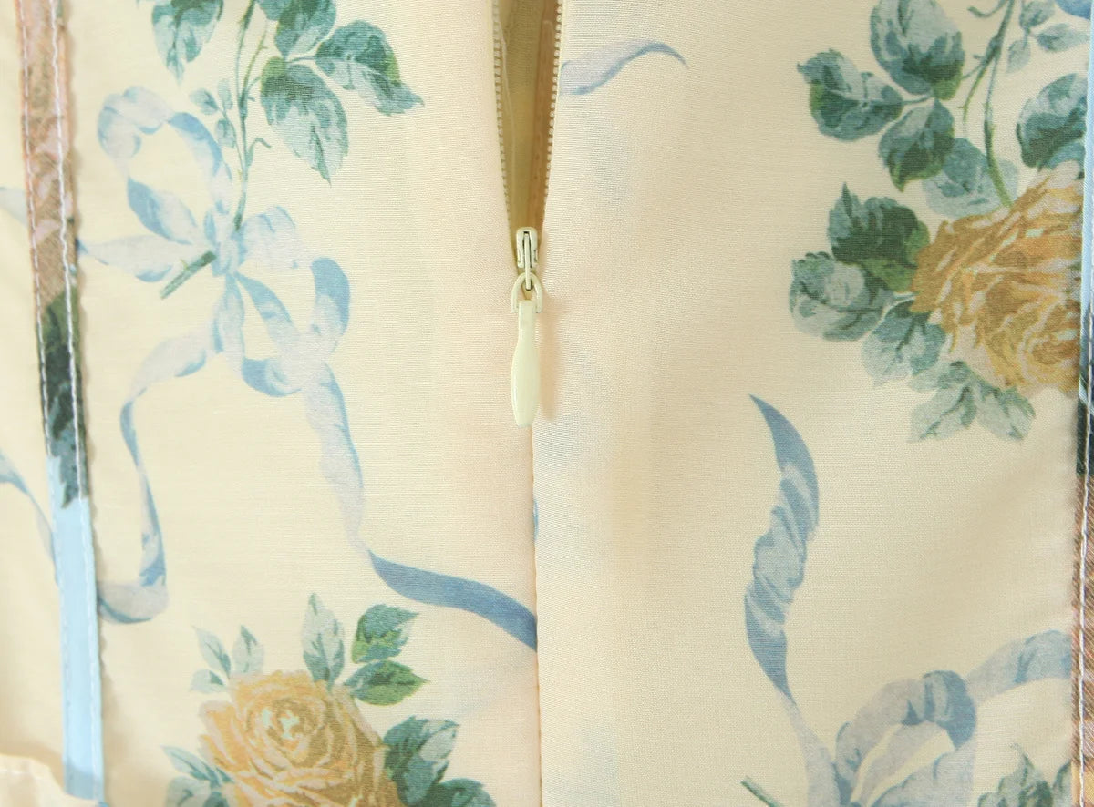 Patchwork Floral Print Boho Summer Dresses Women Vintage Puff Sleeve A-line Midi Chiffon Dress Chic Lady Vacation Robe