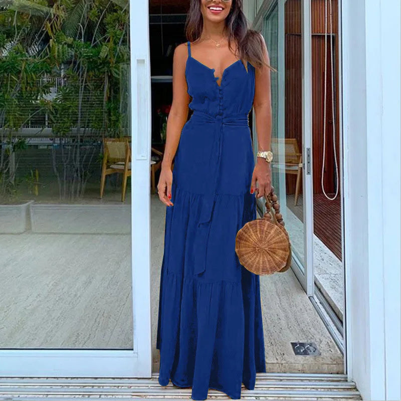 Summer New Women's Clothing European Style Unique Button V-neck Spliced Tank Dress Long Dress Sleeveless