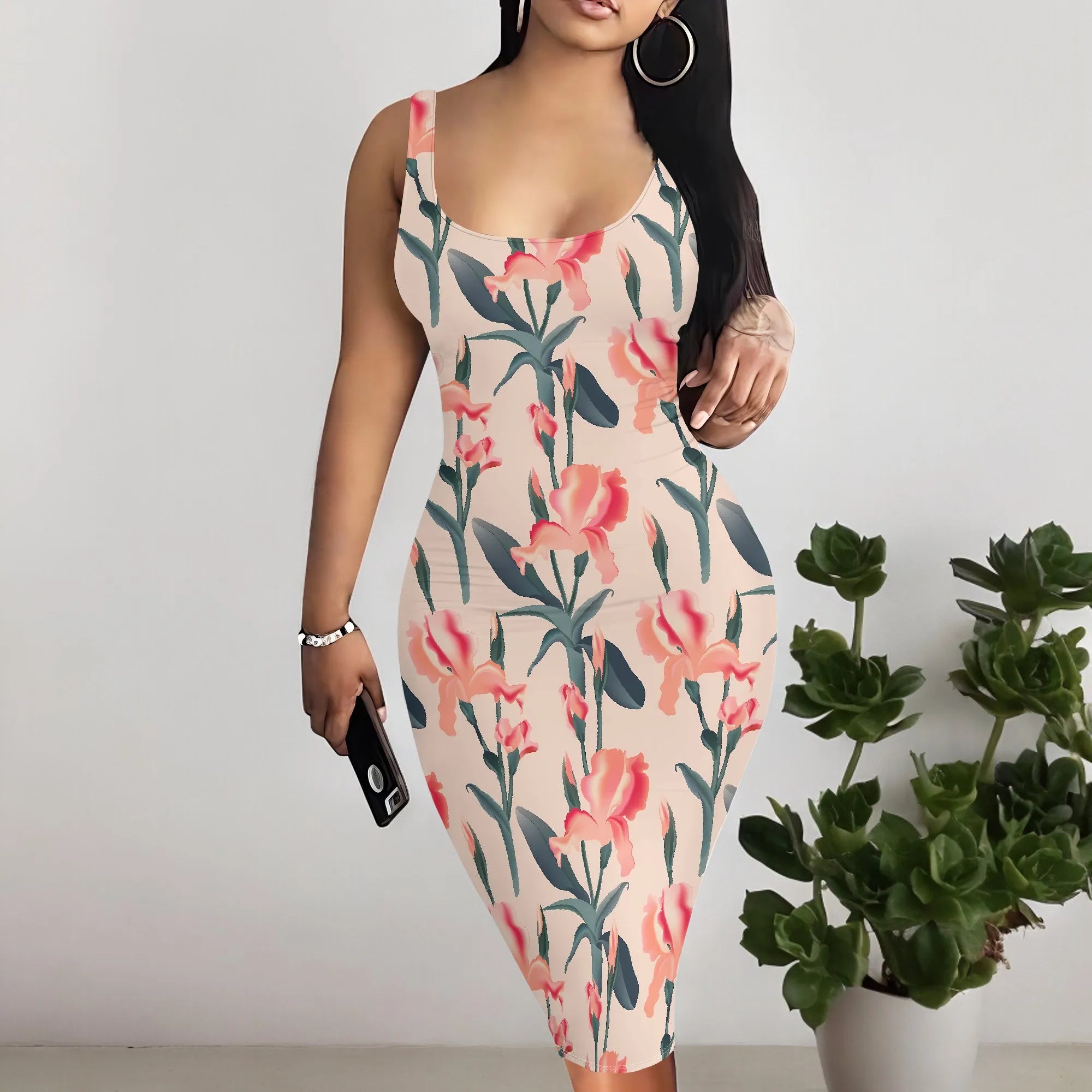 Elegant Floral Tank Midi Dress Women Sleeveless Irises Print Summer Slim Fit Bodycon Dress