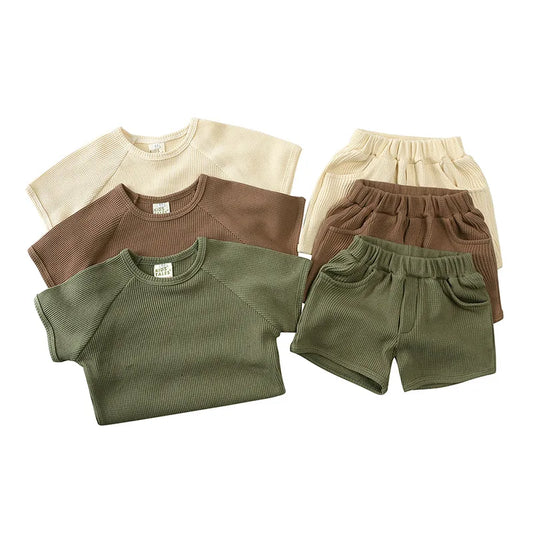 Kid's Summer Outwear Clothing Set Casual Boys Girls Waffle T-shirt Suit Children's 2PCS Tee And Shorts 1-6Y Unisex