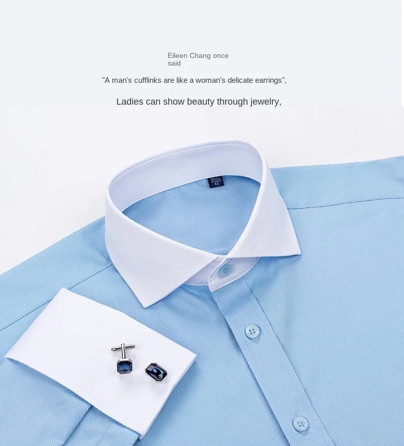 2024 Niche Chic Dubbelgevouwen Mouw Windsor Kraag Zakelijk Overhemd met Lange Mouwen Heren Hoogwaardige Jurk willekeurige Franse Manchetknopen