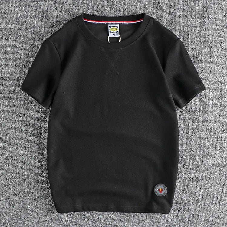 Zomer Nieuw Amerikaans Retro Waffle Microchapter T-shirt Herenmode Eenvoudig Gewassen Korte Mouw O-hals Casual Losse Jeugd Tops