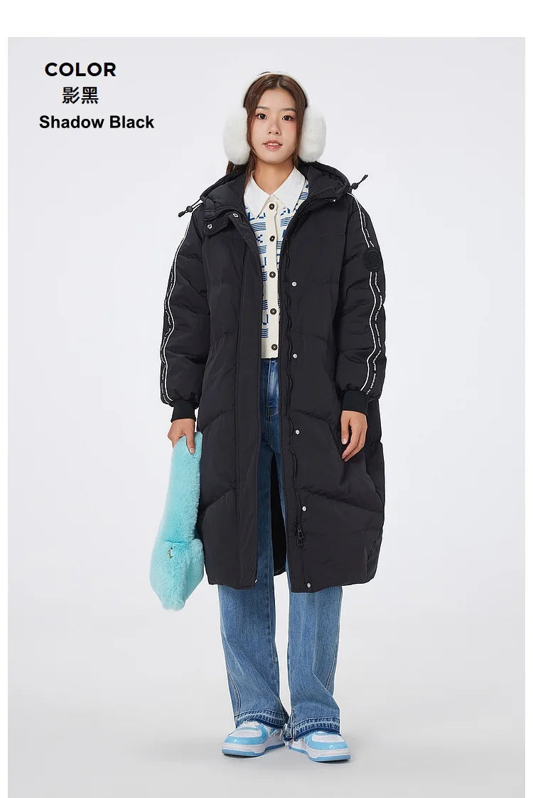 Women's Long Puffer Coat With Striped Webbing, Oversized Straight-Cut Sporty Style, Duck Down Thick Warm Jacket