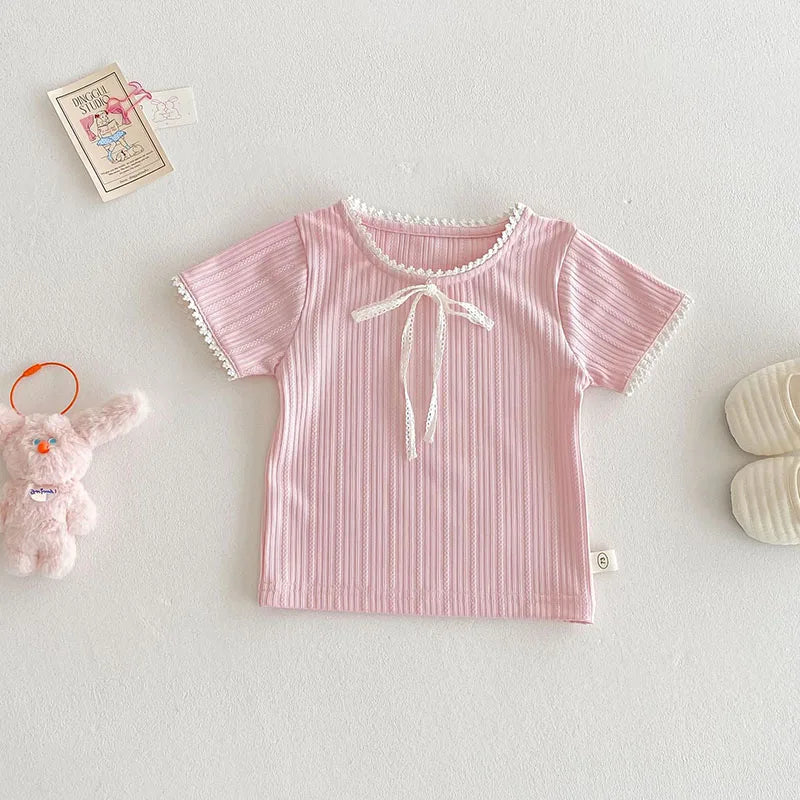 New Summer Kids T-shirt Boys Cute Hollow Out Floral Tops Children Thin Style Pit Strip Lace Girls Tee 1-5T Unisex