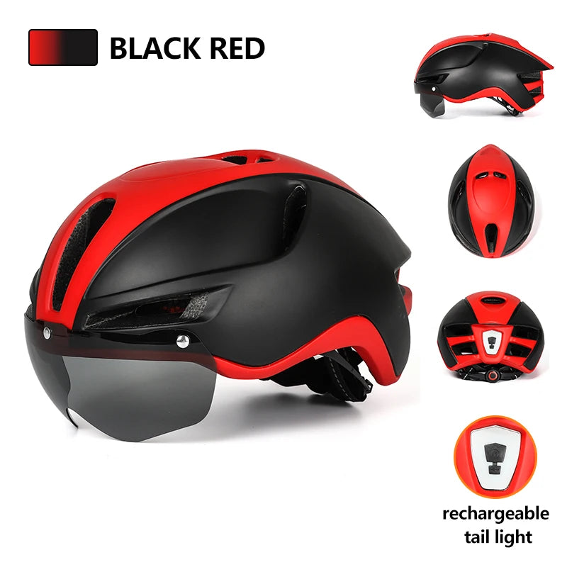 New Road Mountain Bike Helmet Adult Men's Outdoor Sports Cycling Safety Hat With LED Charging Taillight Goggles